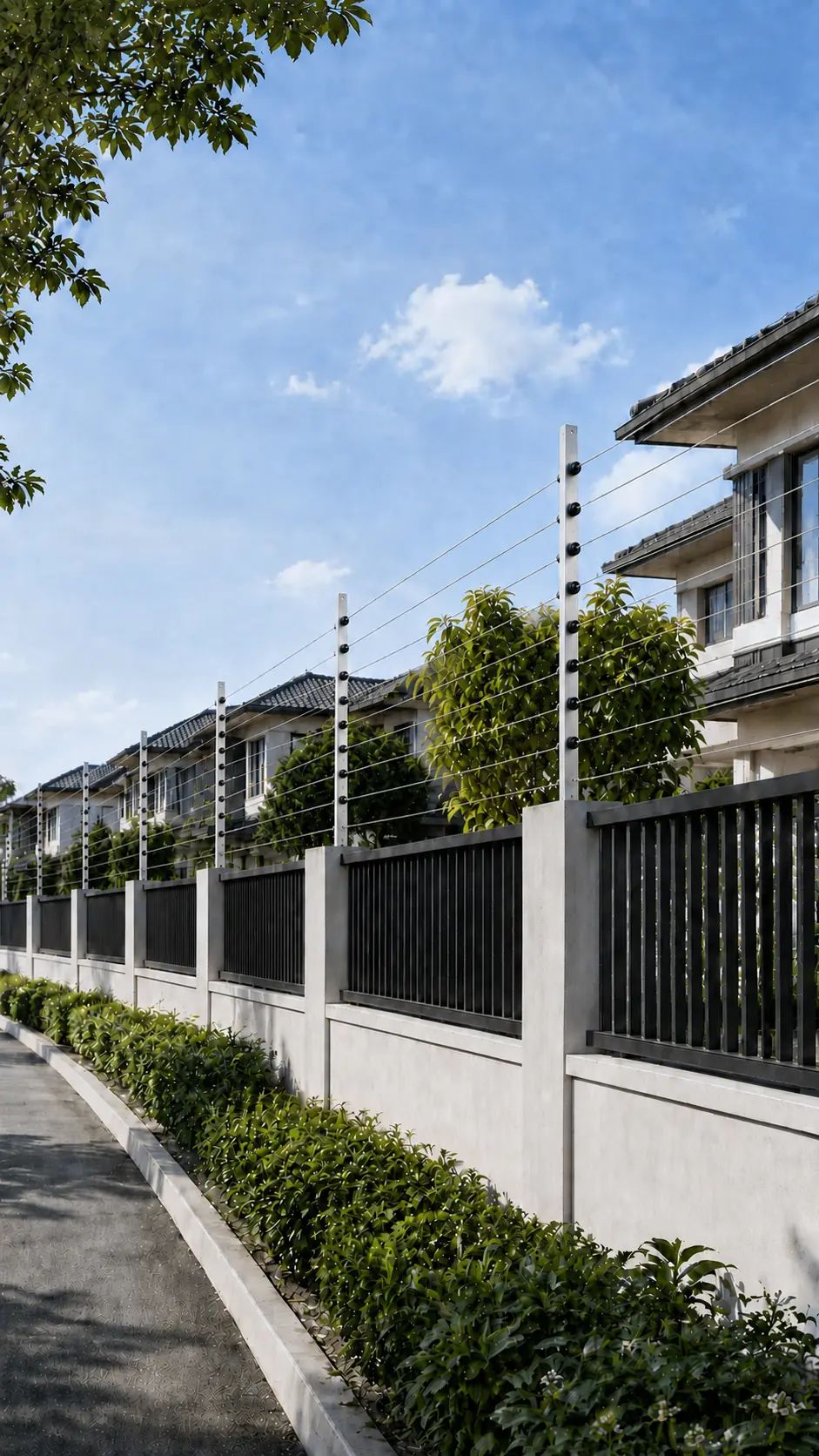 Electric fence along a landscaped gated-community boundary with eight wire levels.