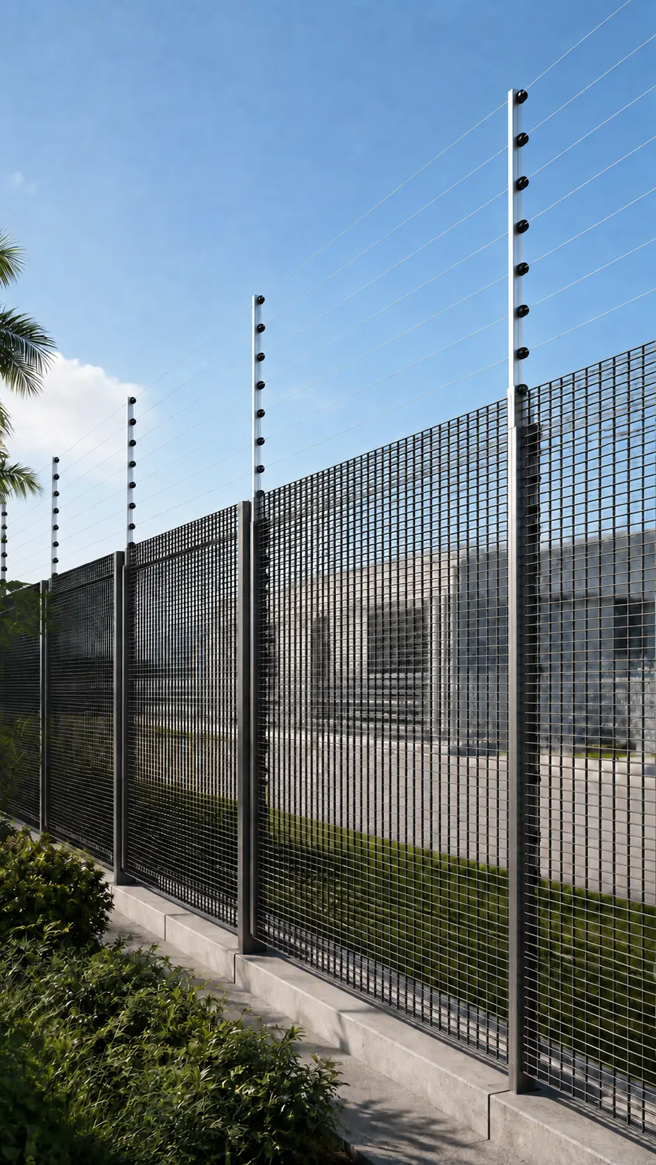 Anti-climb physical security fence with electric fence protection at an infrastructure site.