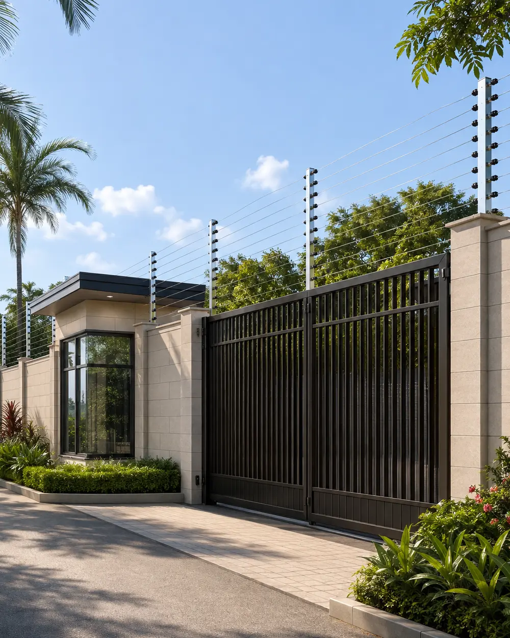 3D daytime gated-community entrance with coordinated electric fence protection