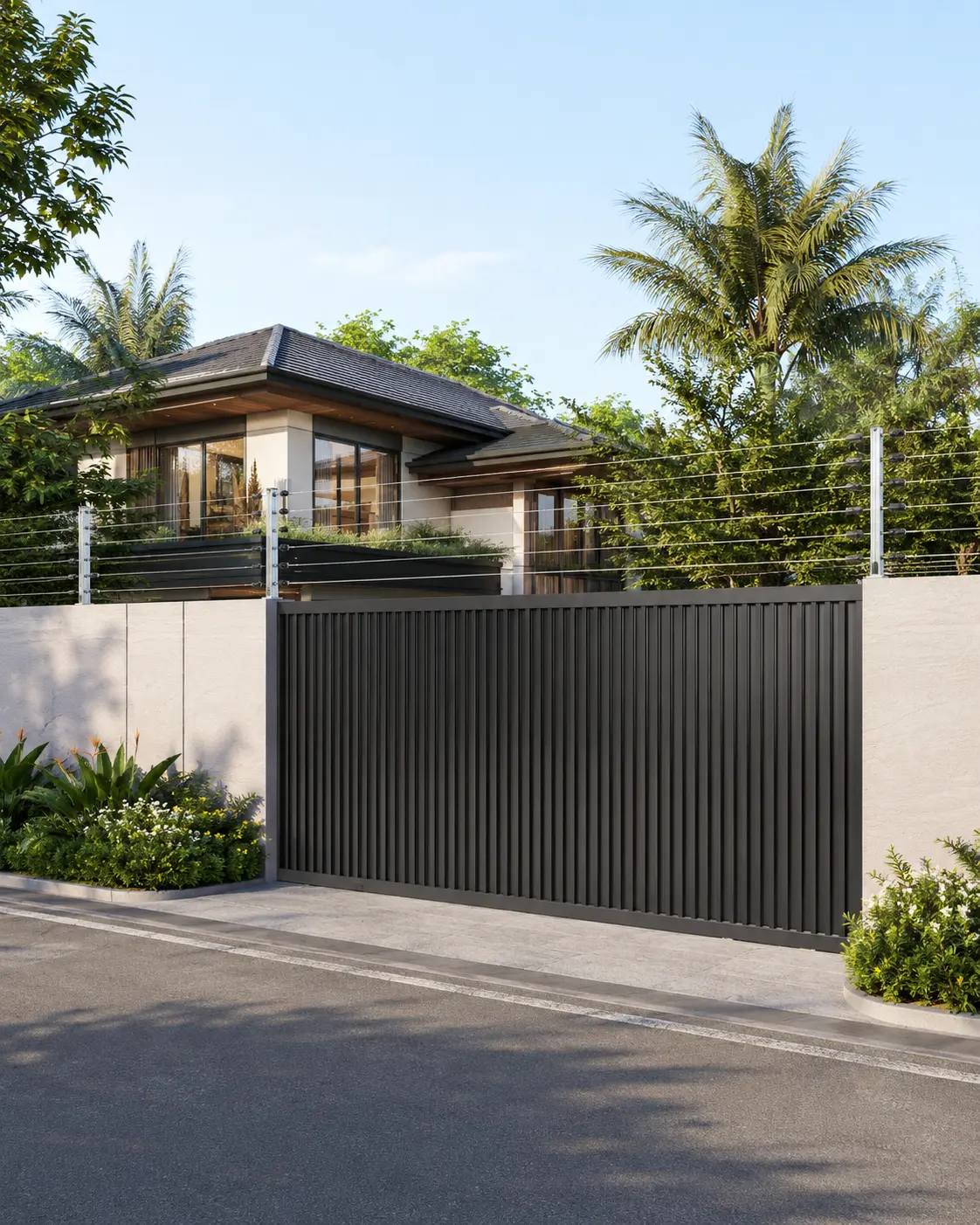 3D daytime residential property with electric fence protection along the wall and gate