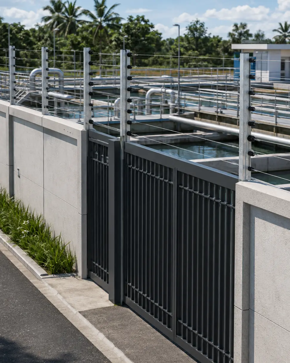 3D daytime infrastructure facility with project-specific electric fence protection