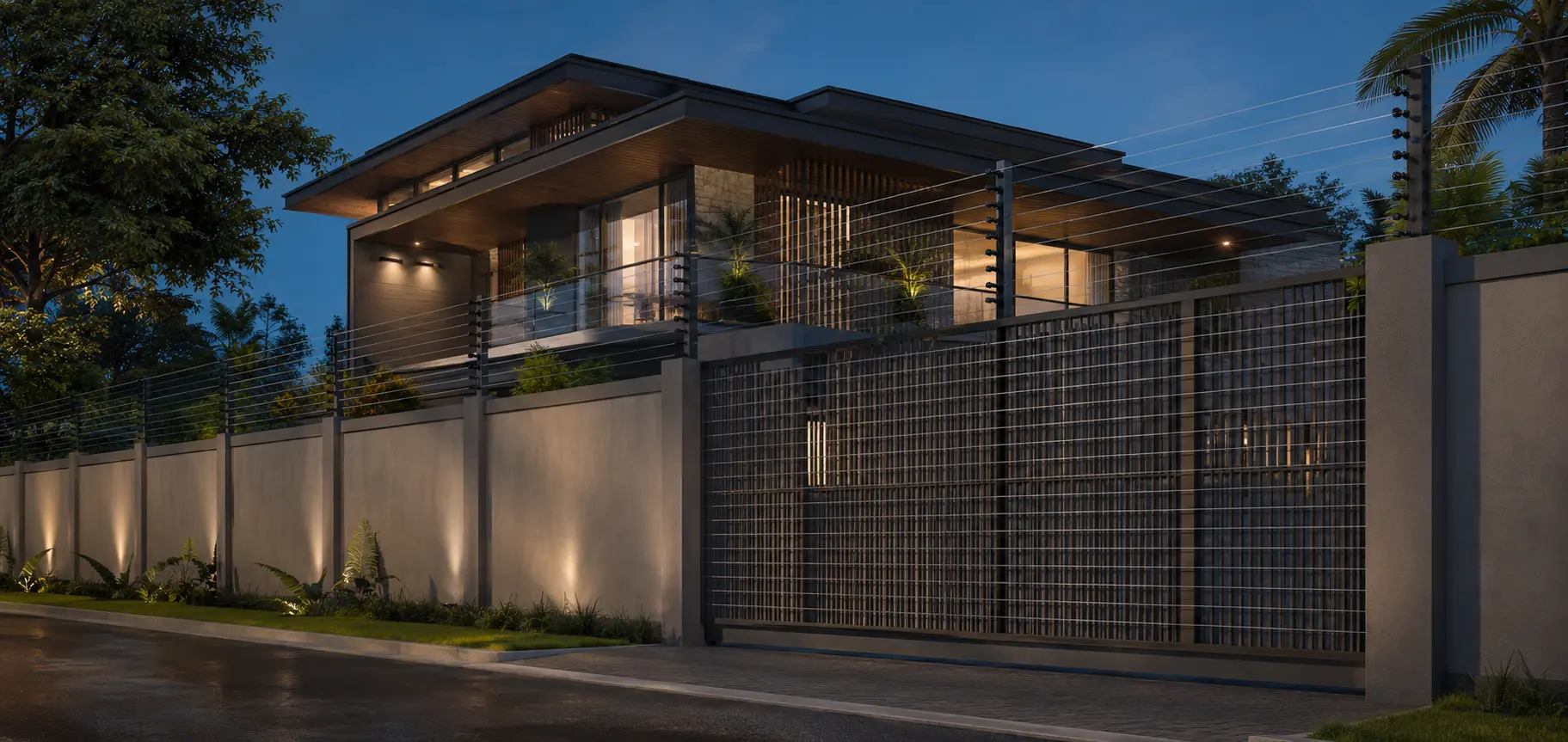 3D dusk view of a continuous residential electric fence perimeter and entrance gate