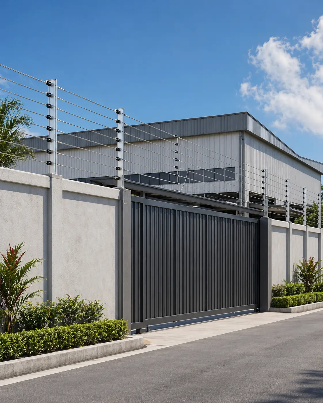 3D daytime view of a commercial electric fence installation at a secured compound