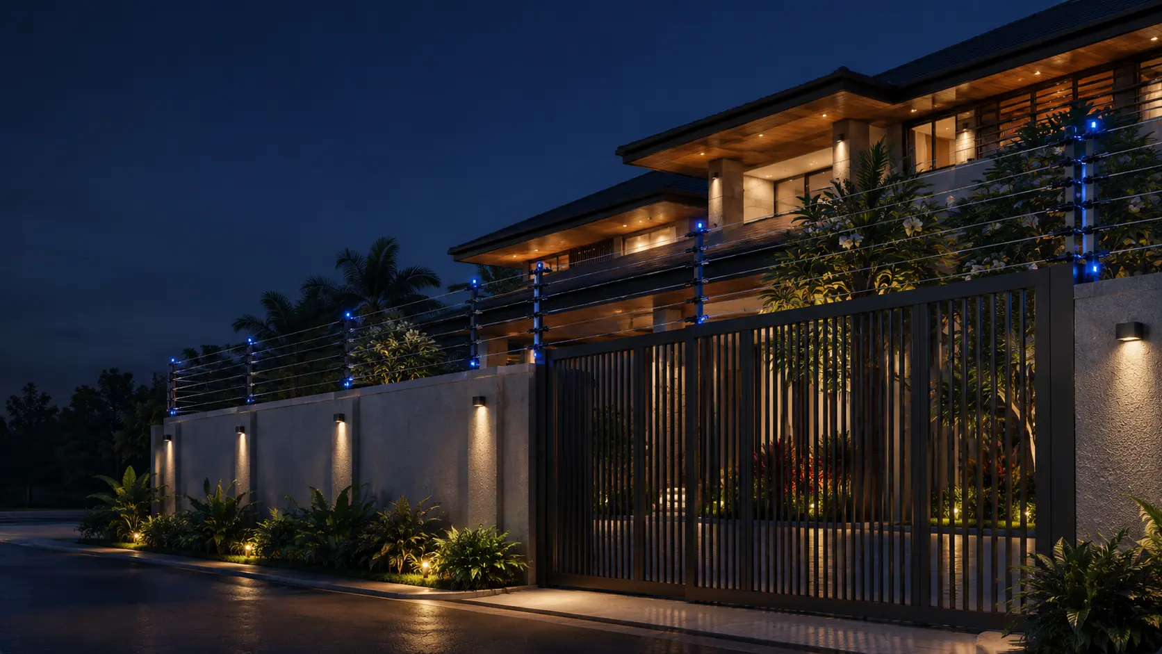 3D night view of a residential electric fence installation along a wall and gate