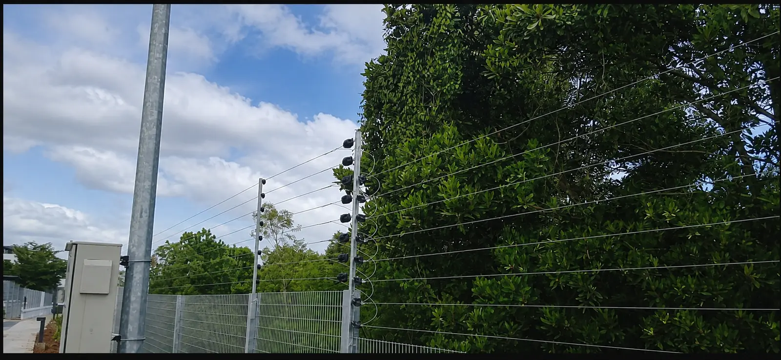 High-security electric fencing beside a tree-lined utility enclosure